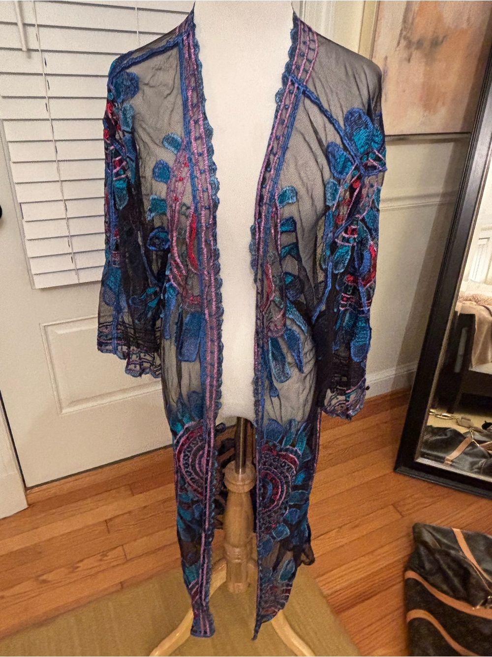 Sheer Embroidered Black Coverup with Blue and Pink Accents
